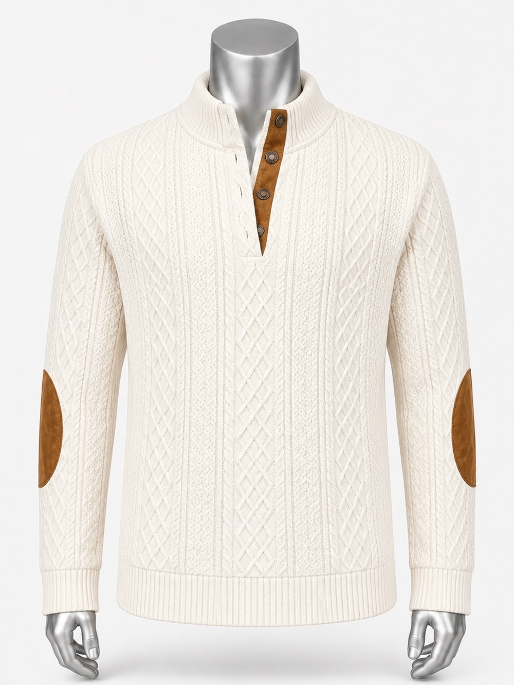 & Other Stories Cream Cable-Knit Half-Placket Sweater with Brown Elbow Patches